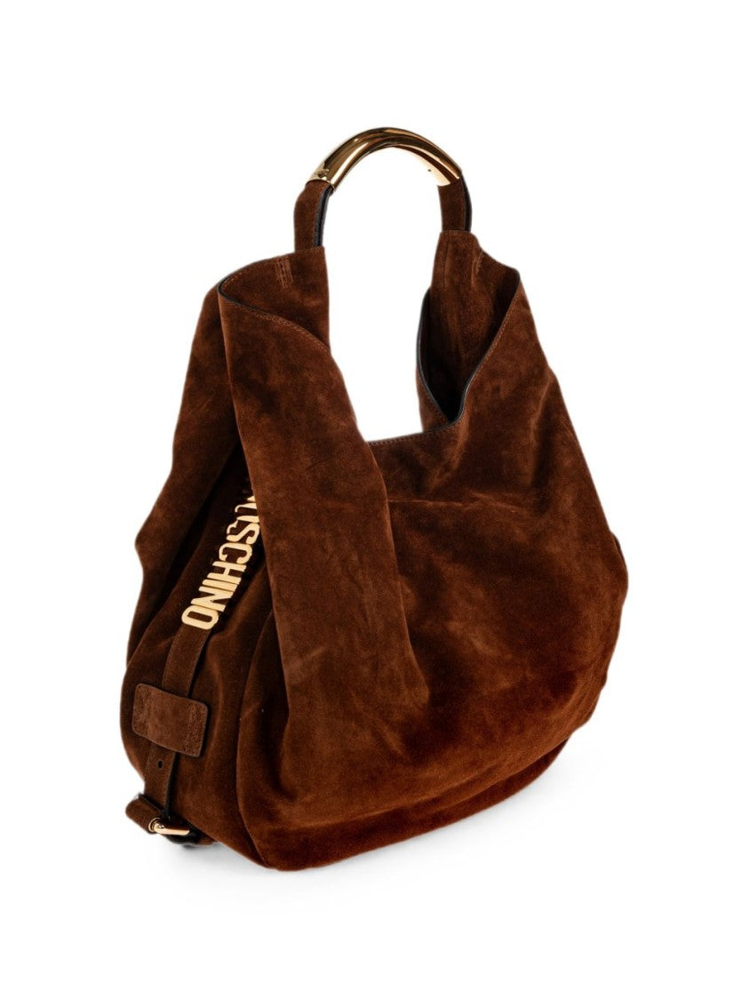 Moschino Large Suede Bag With Curved Gold-Tone Metal Handle