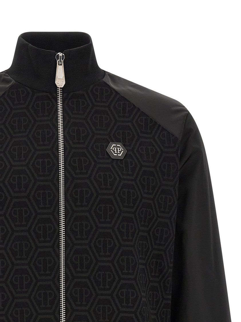 Philipp Plein Monogram Jacquard Cotton Sweatshirt With Technical Fabric And Hexagon Patch