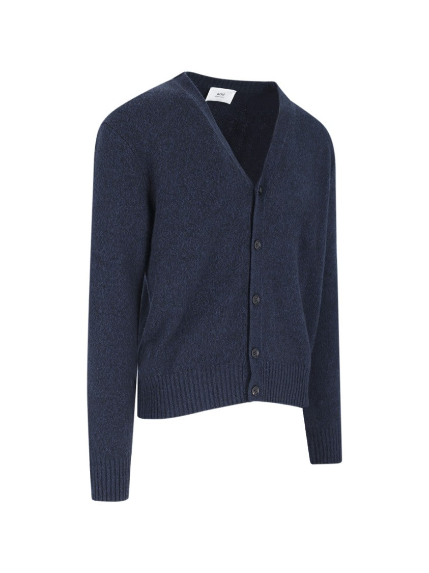 Ami Paris Classic Blue Cashmere V-Neck Cardigan