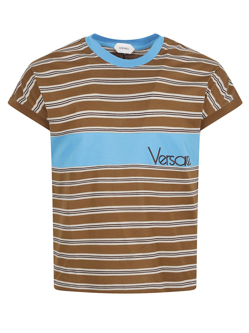 Versace Brown Short-Sleeve T-Shirt With Logo Detail And Stripe Motif