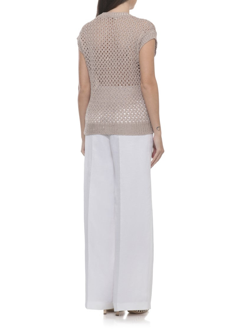 Peserico Ivory Cotton Sequined Perforated Knit Top