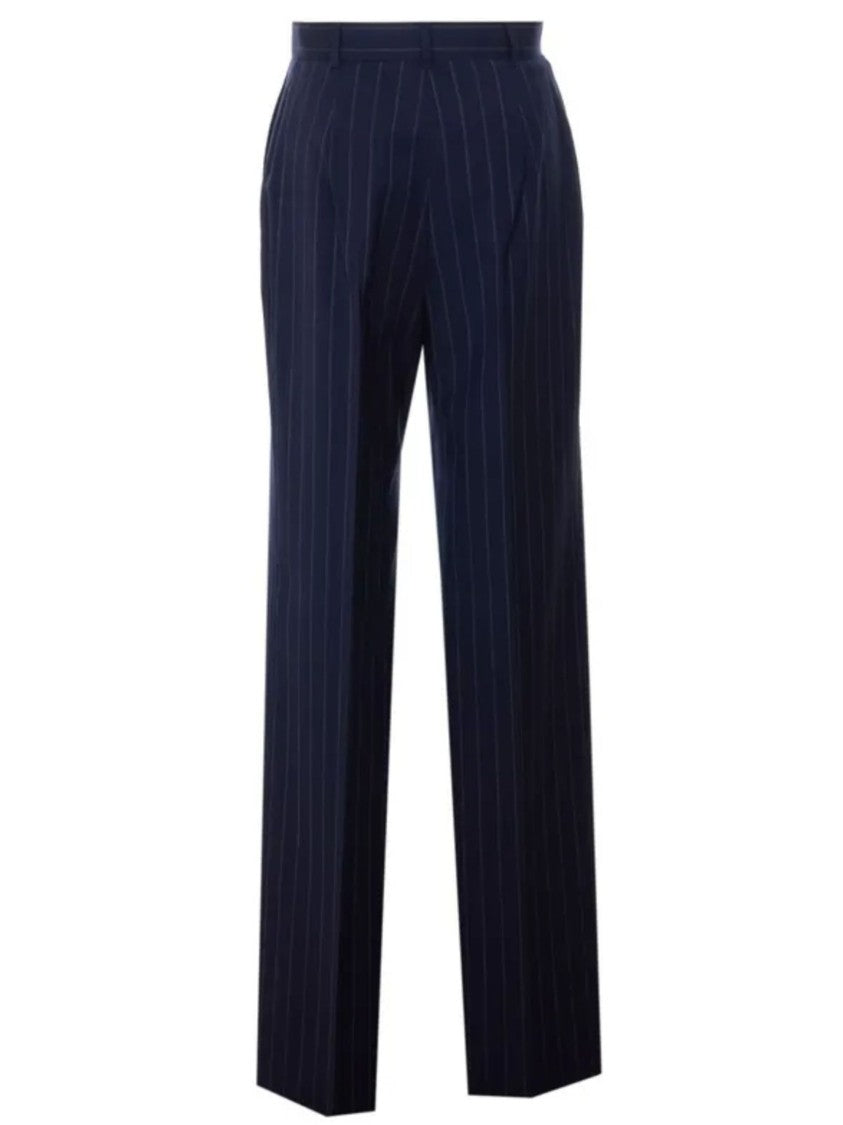 Max Mara Blue Vertical Pinstripes Wool Straight-Leg Pants