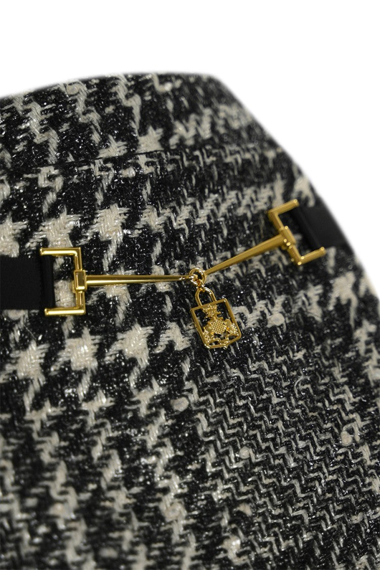 Elisabetta Franchi Tailored Houndstooth Skirt With Gold-Tone Embellishment