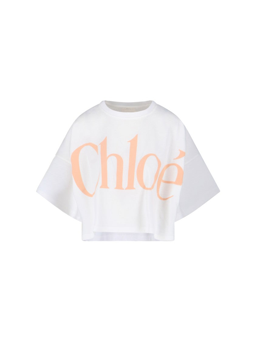 Chloé Cropped White Boxy Top With Peach Graphic Text