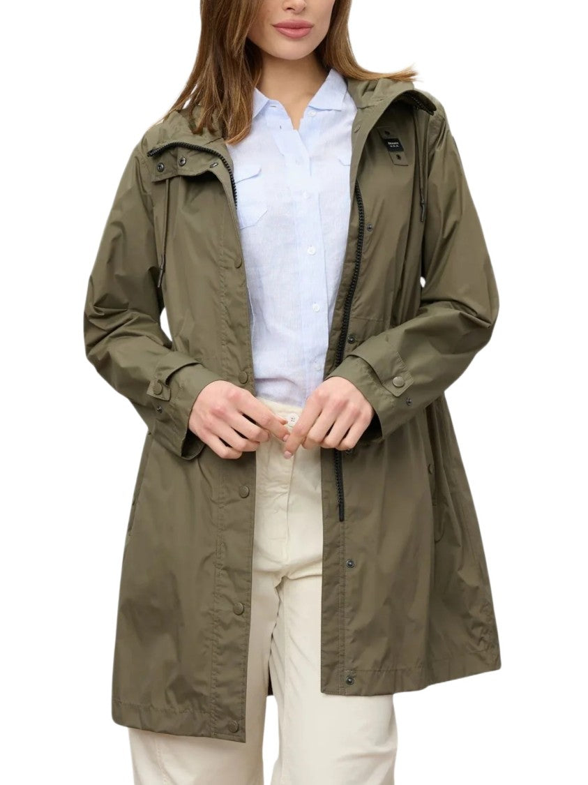 Blauer Long Green Impermeable Coat With Adjustable Features