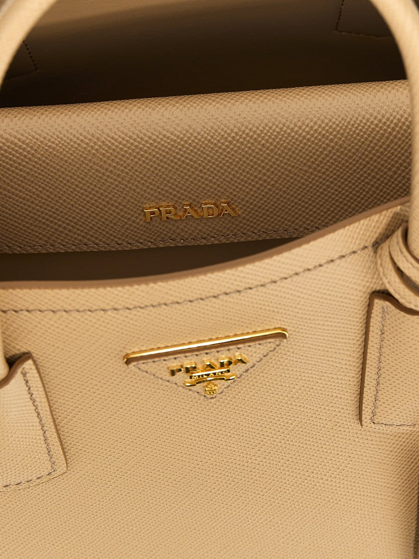 Prada Saffiano Leather Handbag With Enameled Metal Logo And Detachable Strap