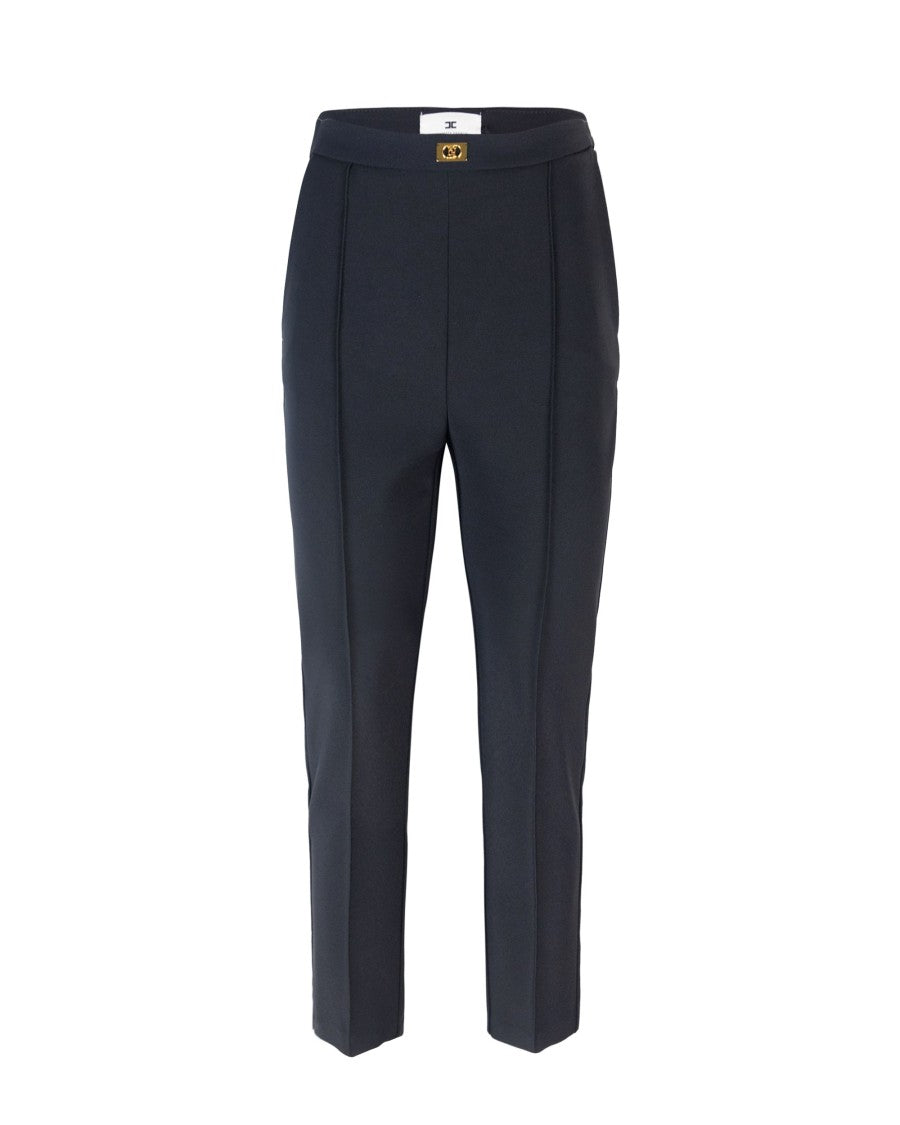 Elisabetta Franchi Blue Crêpe Trousers With Logo Plaque