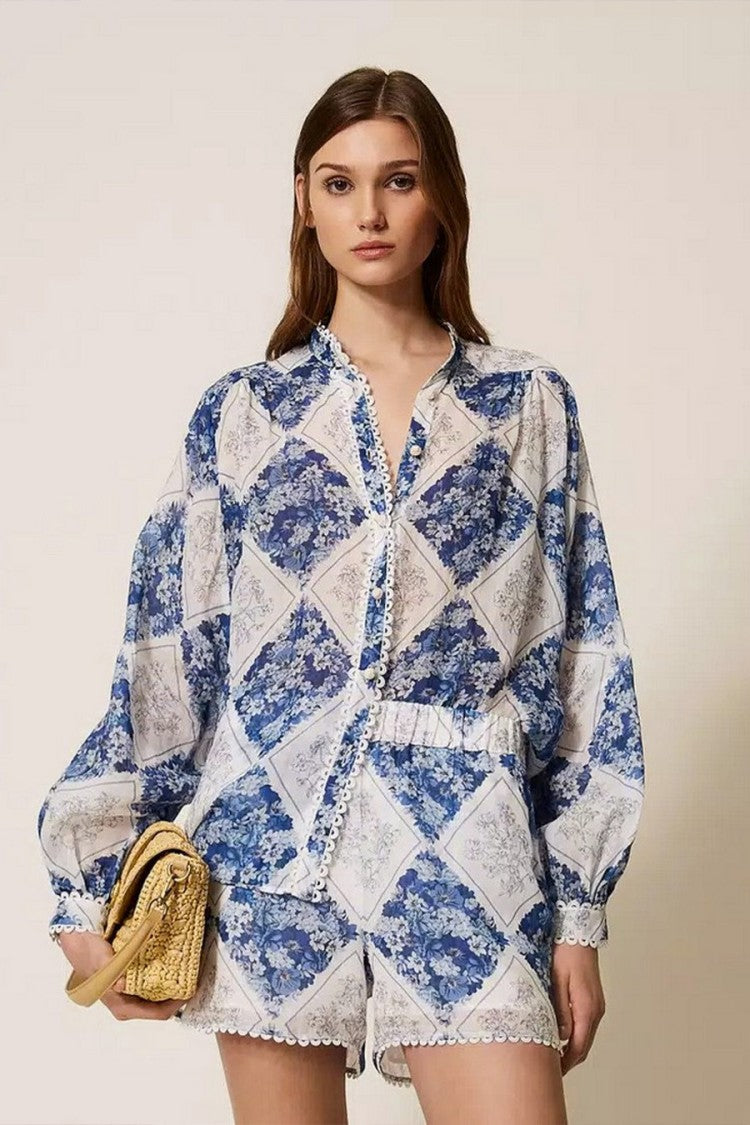 Twin-Set Blue Ramie Diamond-Patchwork Floral-Print Blouse