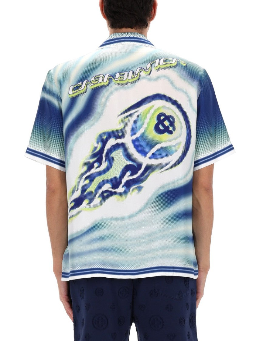 Casablanca Flaming Tennis Ball Silk Casual Shirt