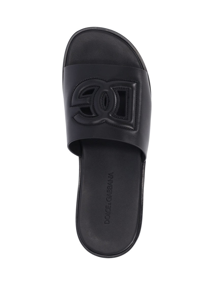Dolce & Gabbana Black Leather Logo Slides Sandals