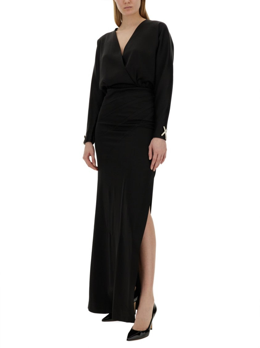 Genny Black Long Dress With Deep V-Neckline And High Slit