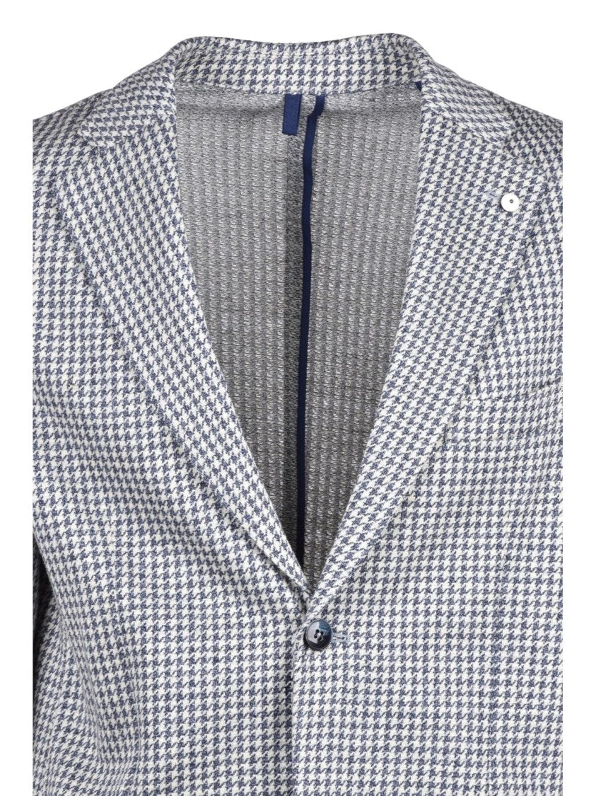 L.B.M. 1911 White-Blue Houndstooth Linen-Cotton Blazer