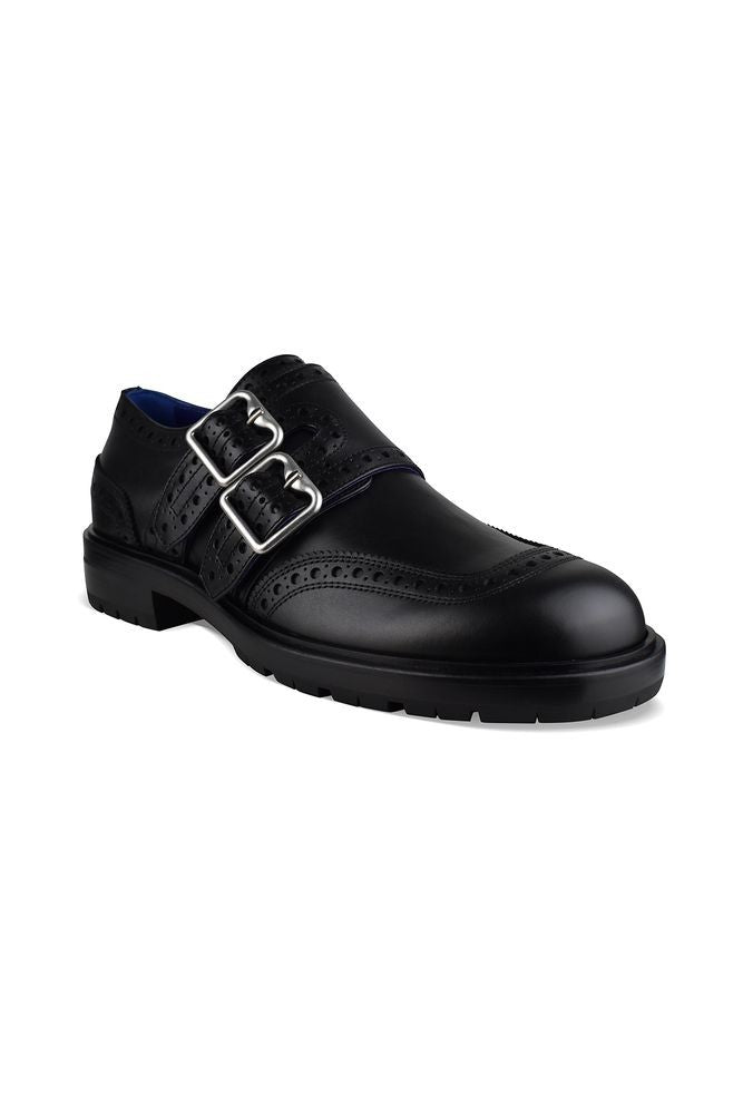 Burberry Black Leather Oxford Brogue Loafers With Silver Buckles