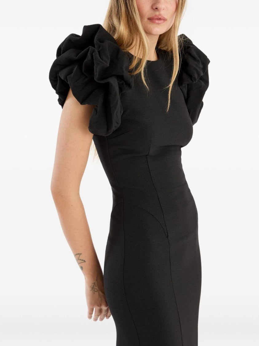 Rotate Fitted Midi Dress With Voluminous Ruffled Sleeves