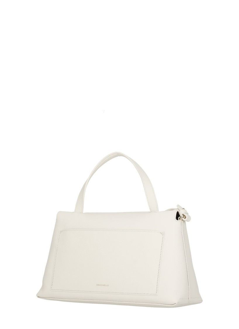 Coccinelle Ivory Pebbled Leather Shoulder Bag With Flap Closure