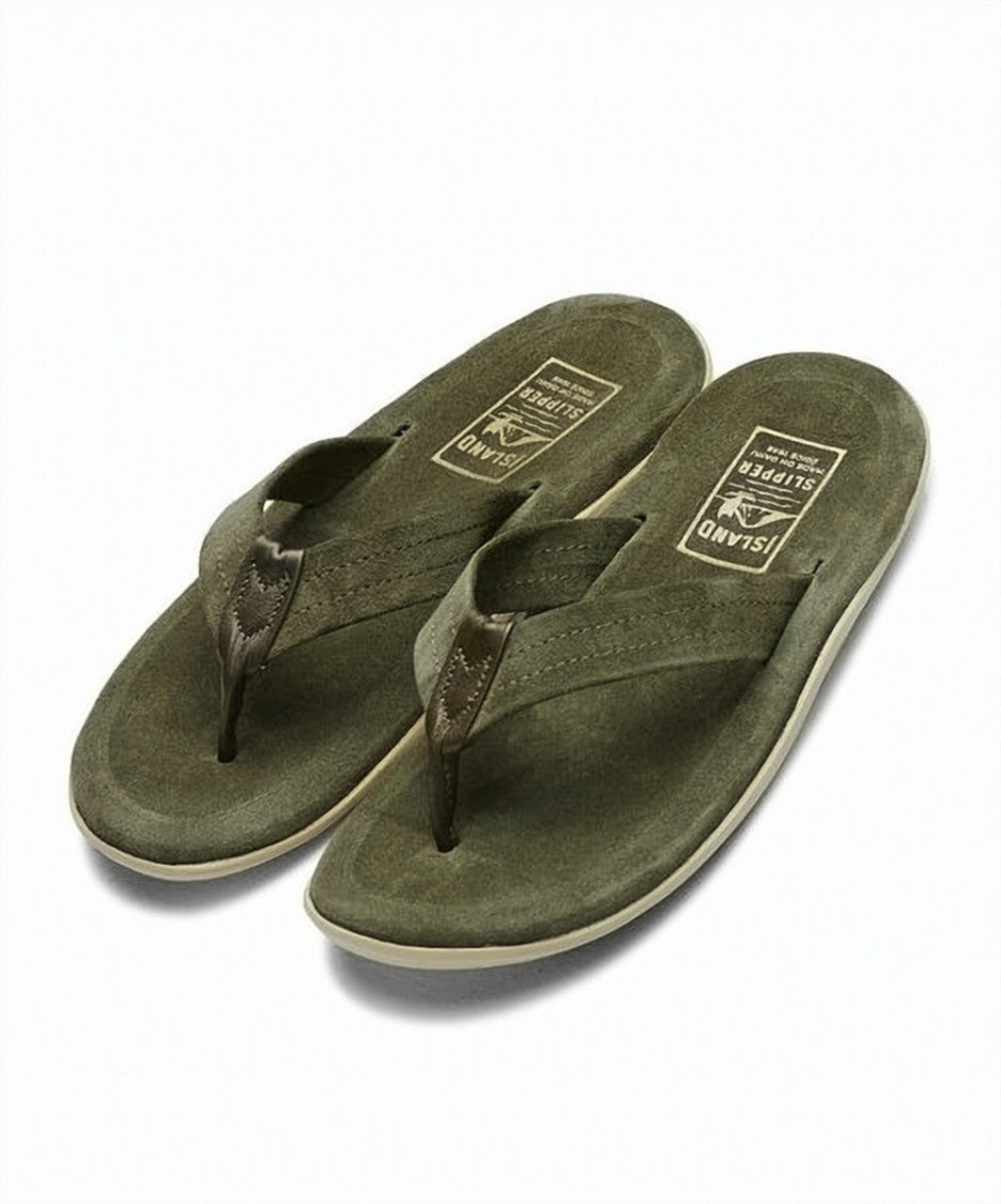 Island Slipper Muted Olive Green Suede Thong Sandals With Rubber Outsole