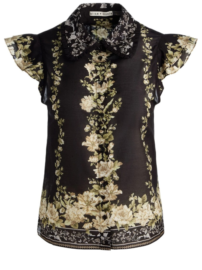 Alice Olivia By Stacey Bendet Flutter Sleeve Floral Print Blouse In Cotton-Silk Blend