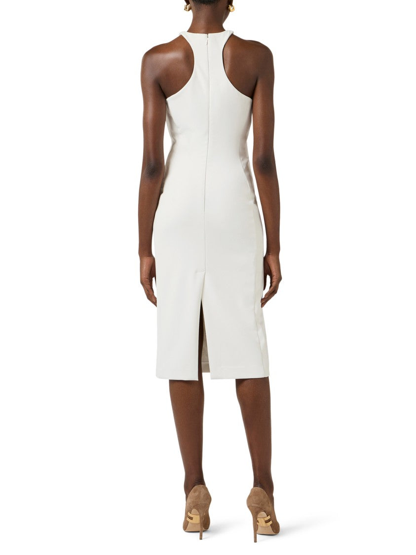 Elisabetta Franchi Form-Fitting White Midi Dress With High Neckline