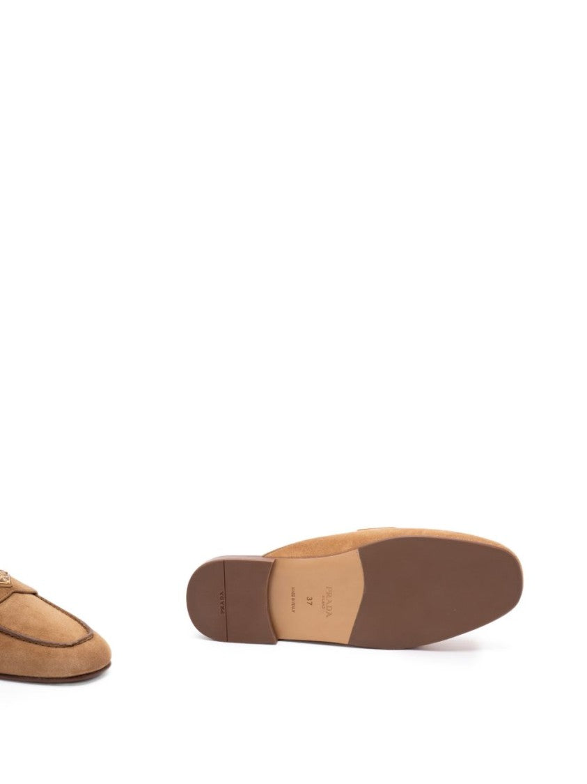Prada Camel Suede Triangle Logo Slippers