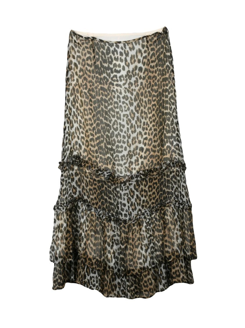 Ganni Tiered Ruffled Voile Skirt With Leopard Print Design