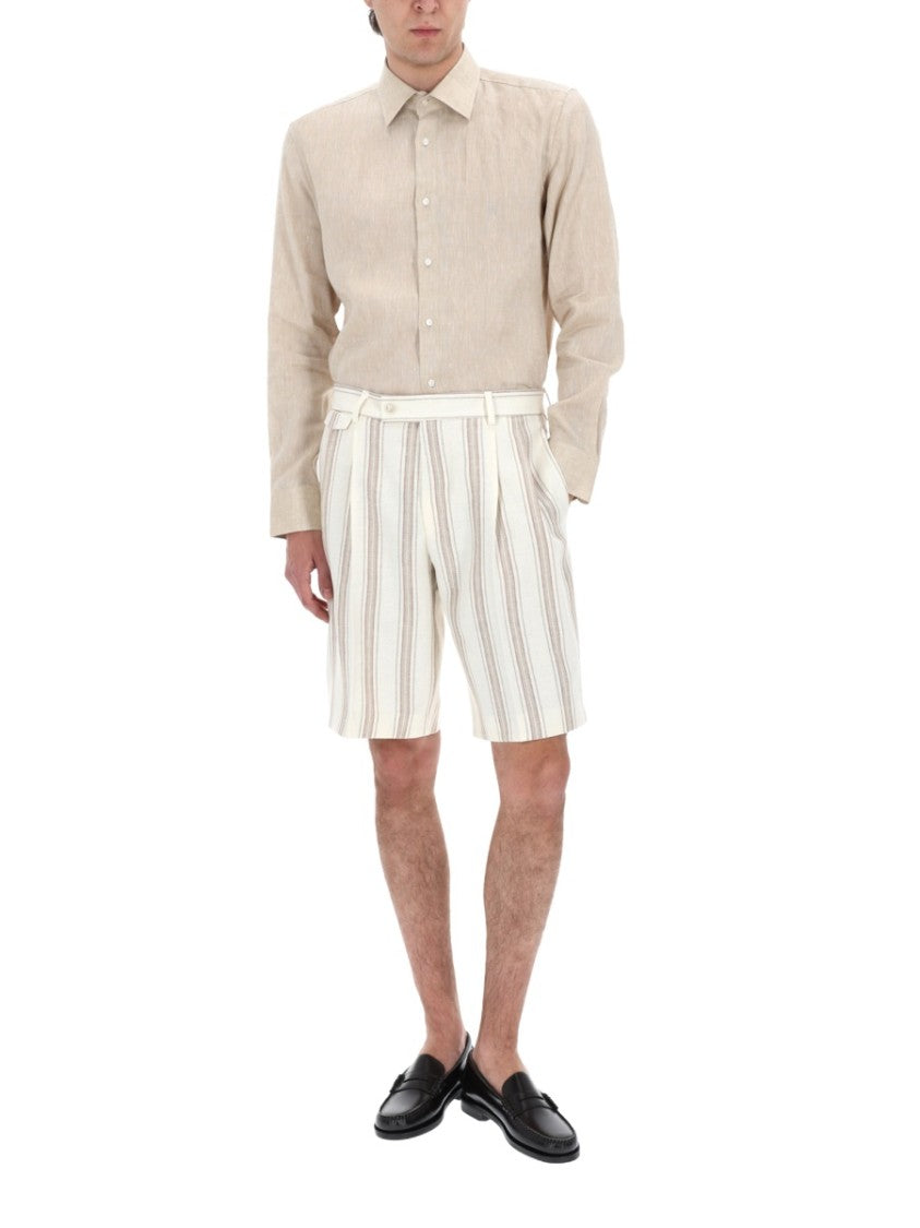 Boss Camel Neutral Vertical Stripes Tailored Linen Shorts