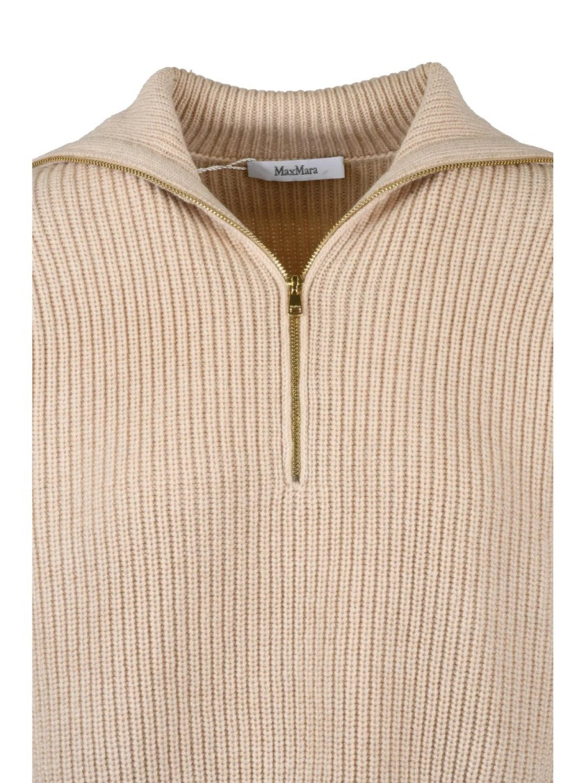 Max Mara Ribbed Knit Sweater With Zip Neck And Cropped Silhouette