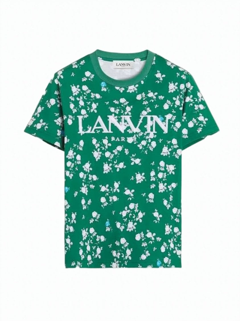 Lanvin Vibrant Green Floral Pattern T-Shirt With Bold Logo