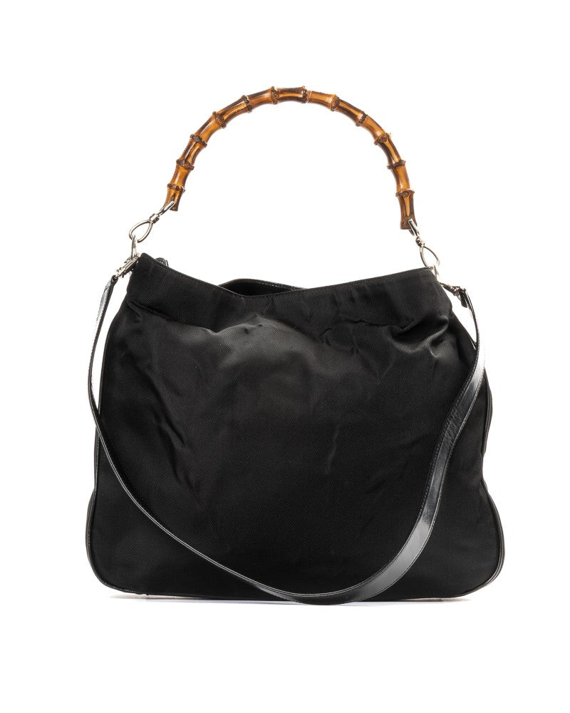 Gucci Black Bamboo Vintage Large Fabric Hobo Bag