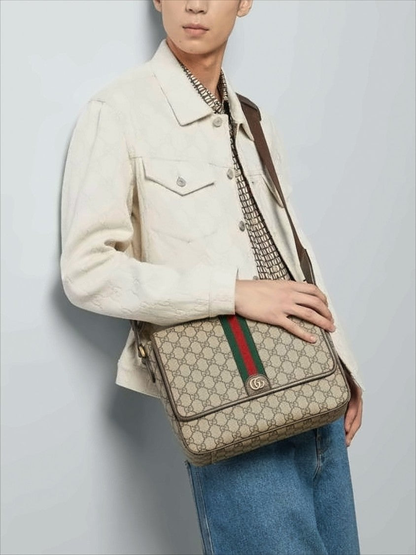 Gucci Monogram Canvas Crossbody Bag With Leather Trim