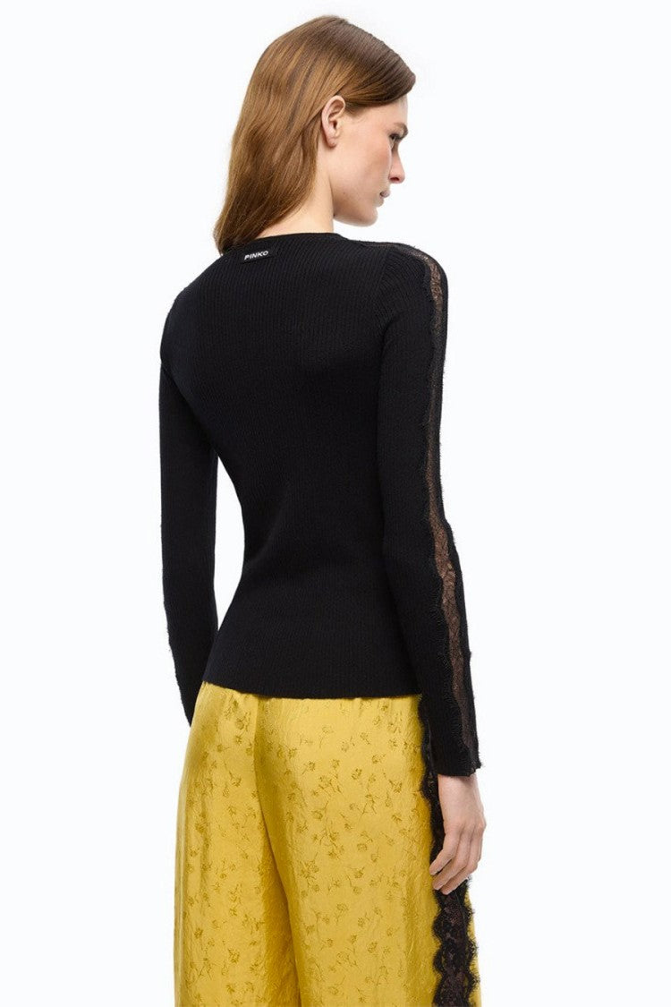 Pinko Black Wool-Cashmere Blend Ribbed Crew-Neck Sweater
