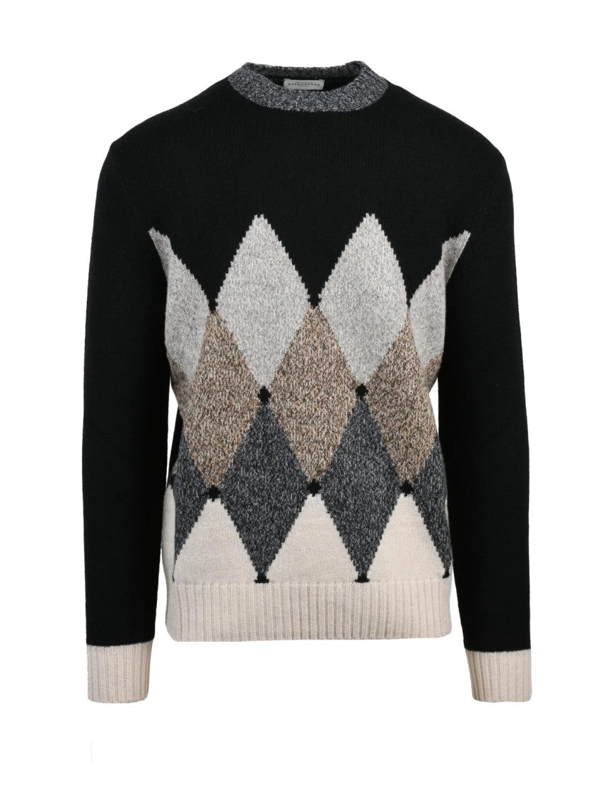 Ballantyne Beige Black Argyle Pattern Wool Crewneck Sweater