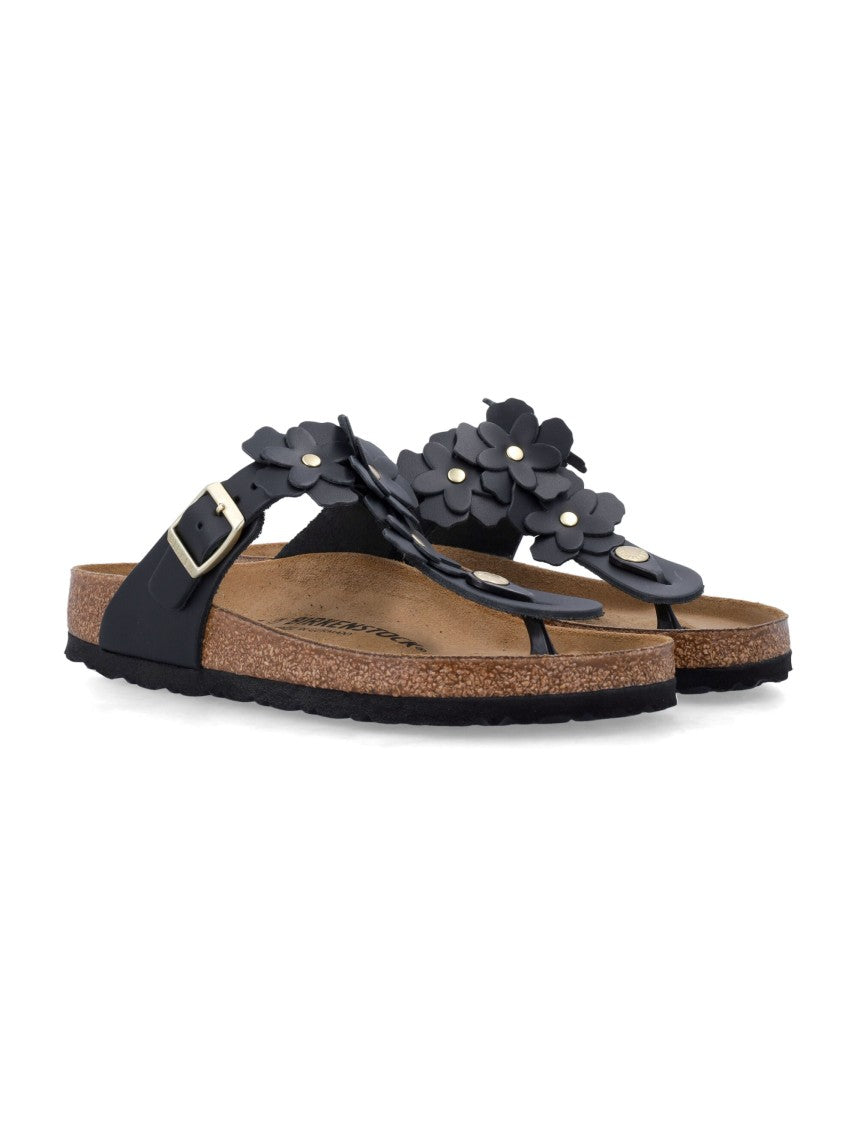 Birkenstock Gizeh Black Leather Flower Sandals