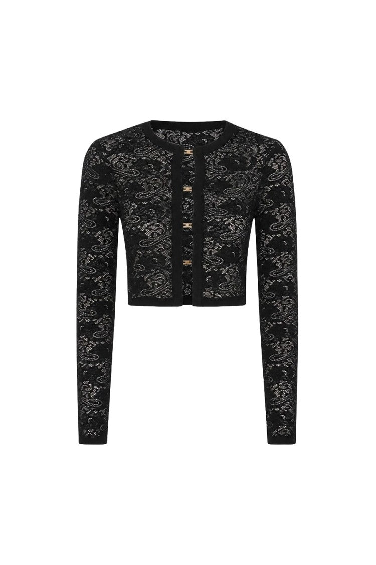 Elisabetta Franchi Black Lace-Effect Cropped Cardigan