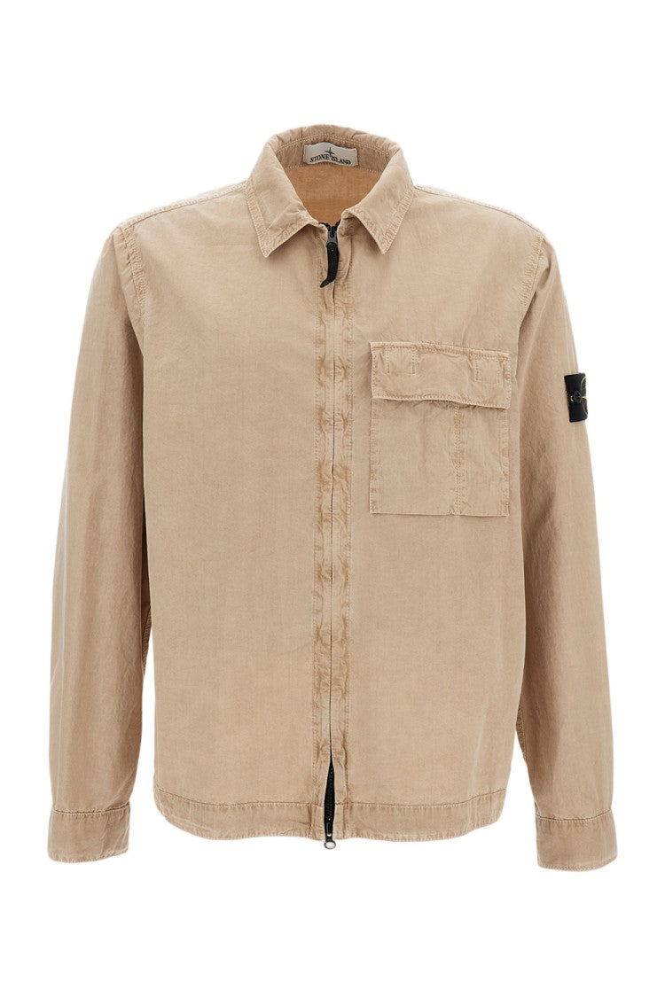 Stone Island Beige Cotton Overshirt With Front Zip