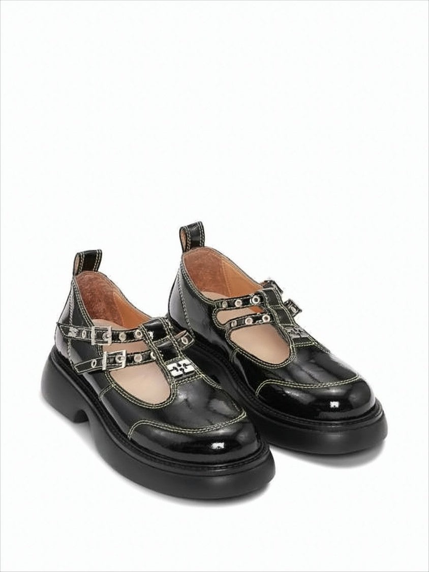 Ganni Glossy Black Flat Shoes With Double Buckle Straps
