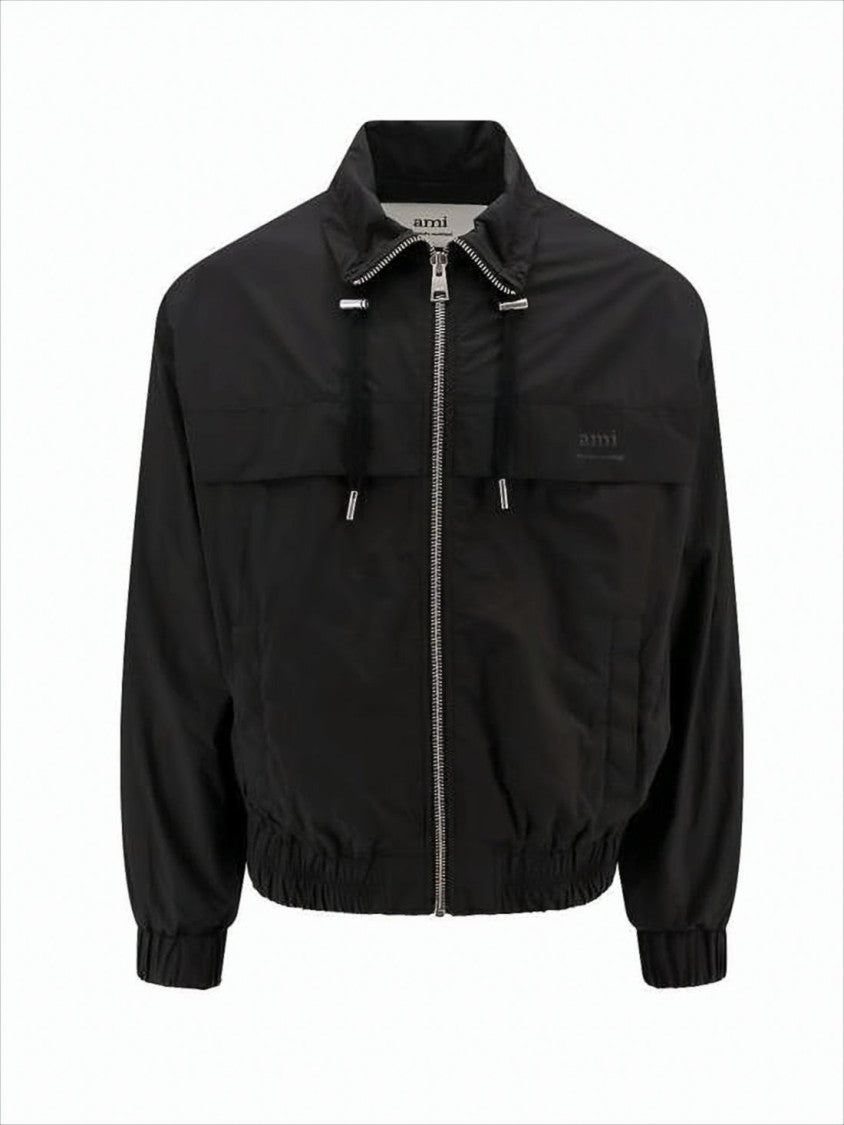 Ami Paris Cropped Black Polyamide Jacket With High Collar