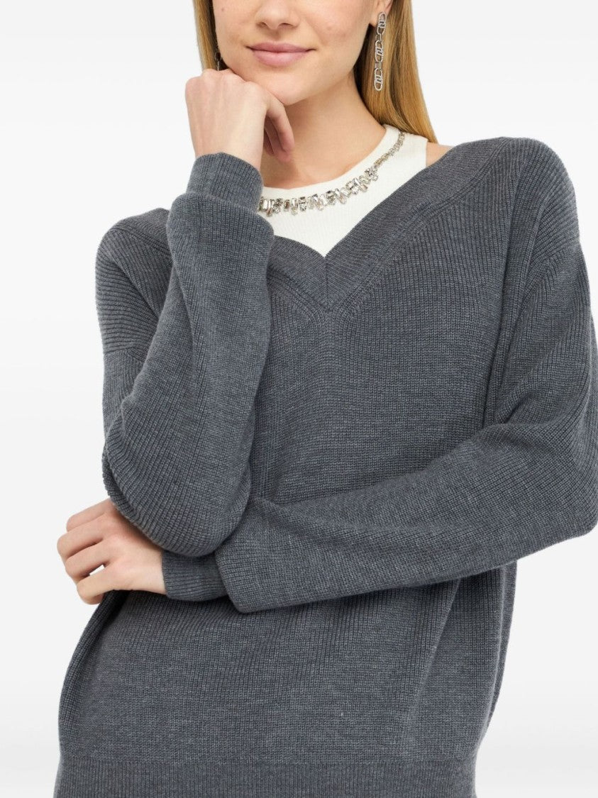 Liu Jo Deep V-Neck Gray Knit Sweater