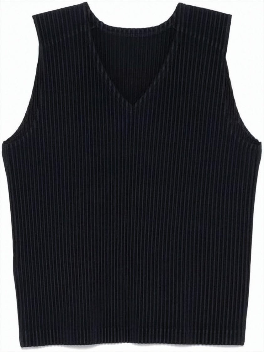 Homme Plissé Issey Miyake Sleeveless Black Vest With V-Neckline And Pleated Texture