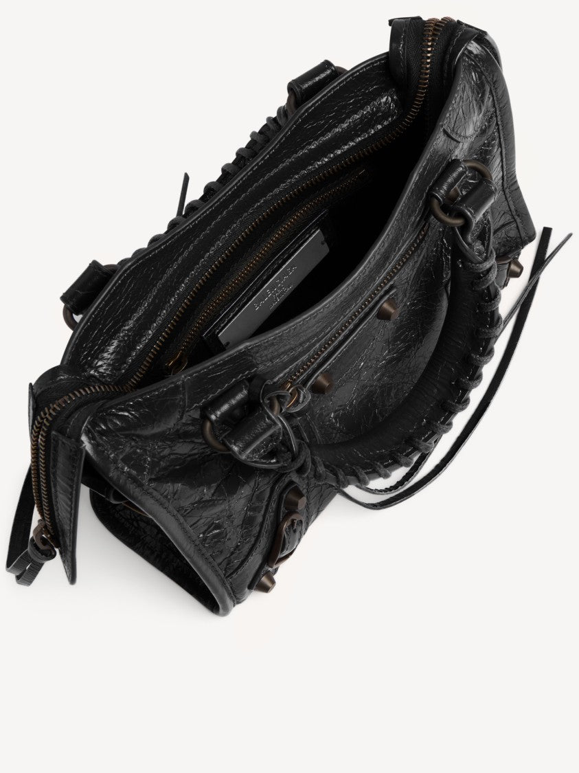Balenciaga Compact Textured Handbag With Braided Detailing And Glossy Finish