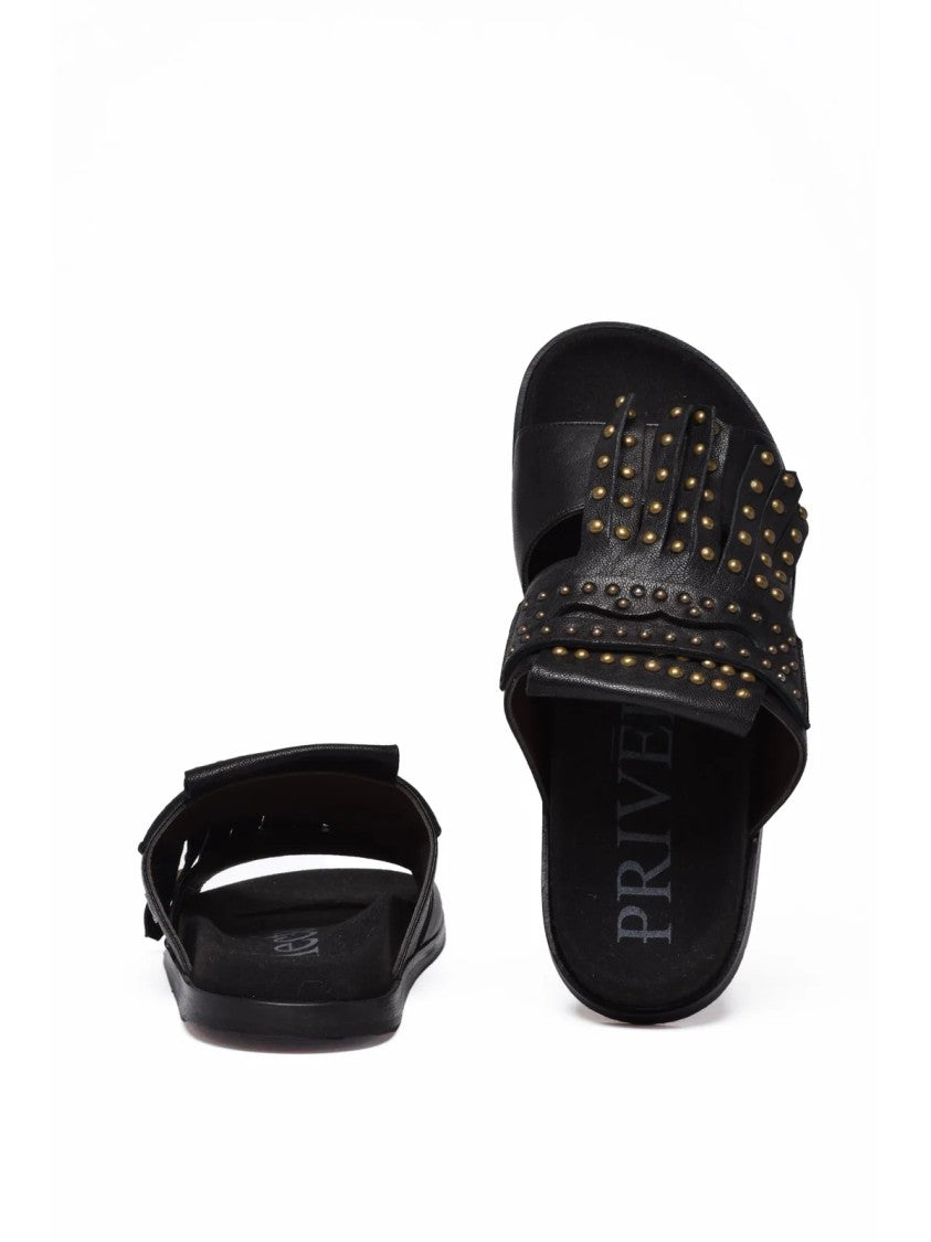 Collection Privee? Black Fringed Minimalist Leather Slide Sandals