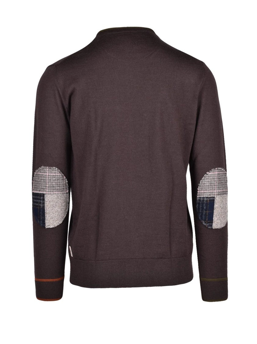 Bob Chocolate Plaid Elbow Patches Wool-Blend Crewneck Sweater
