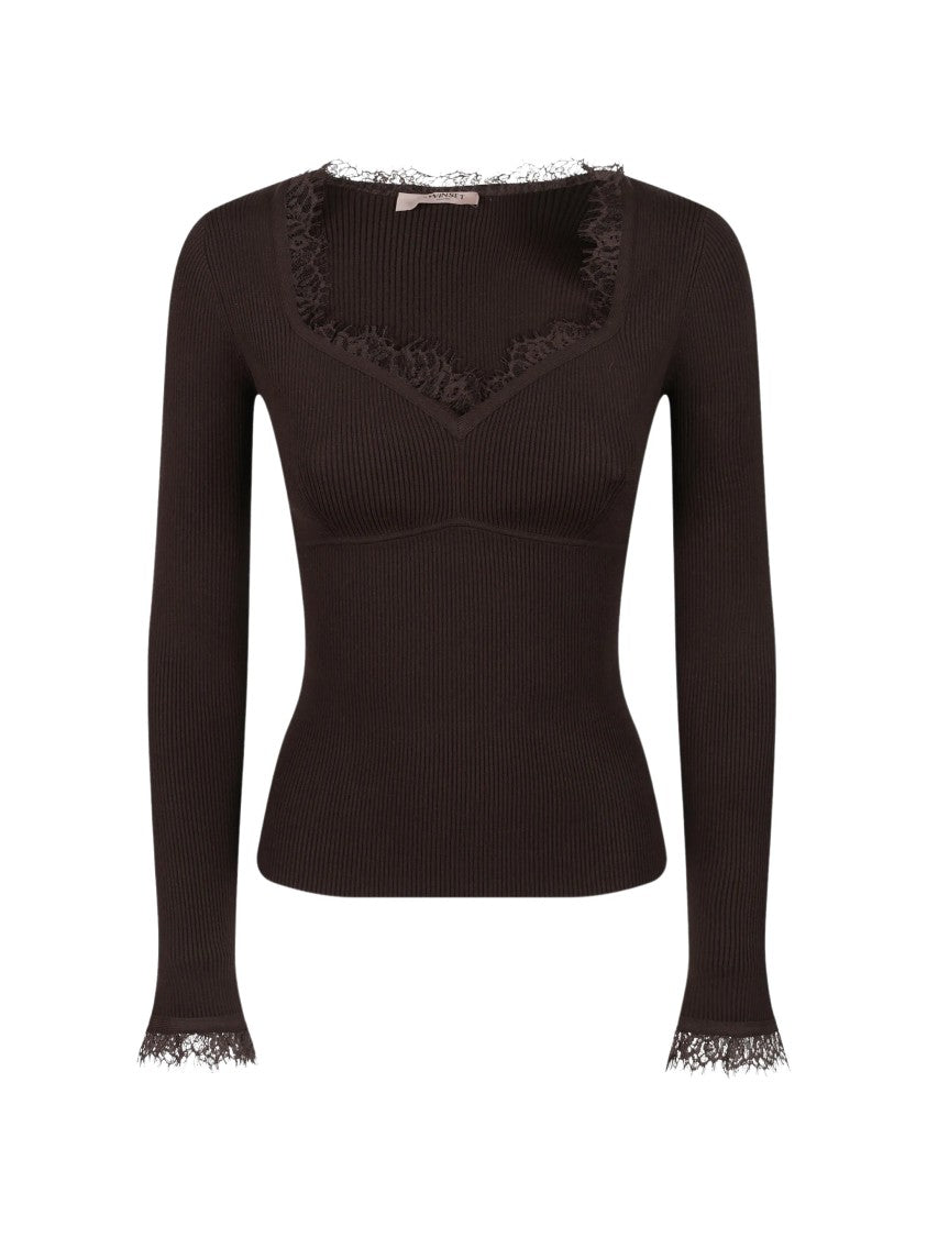Twin-Set Slim Fit Ribbed Knit Top With Lace Trim And Sweetheart Neckline