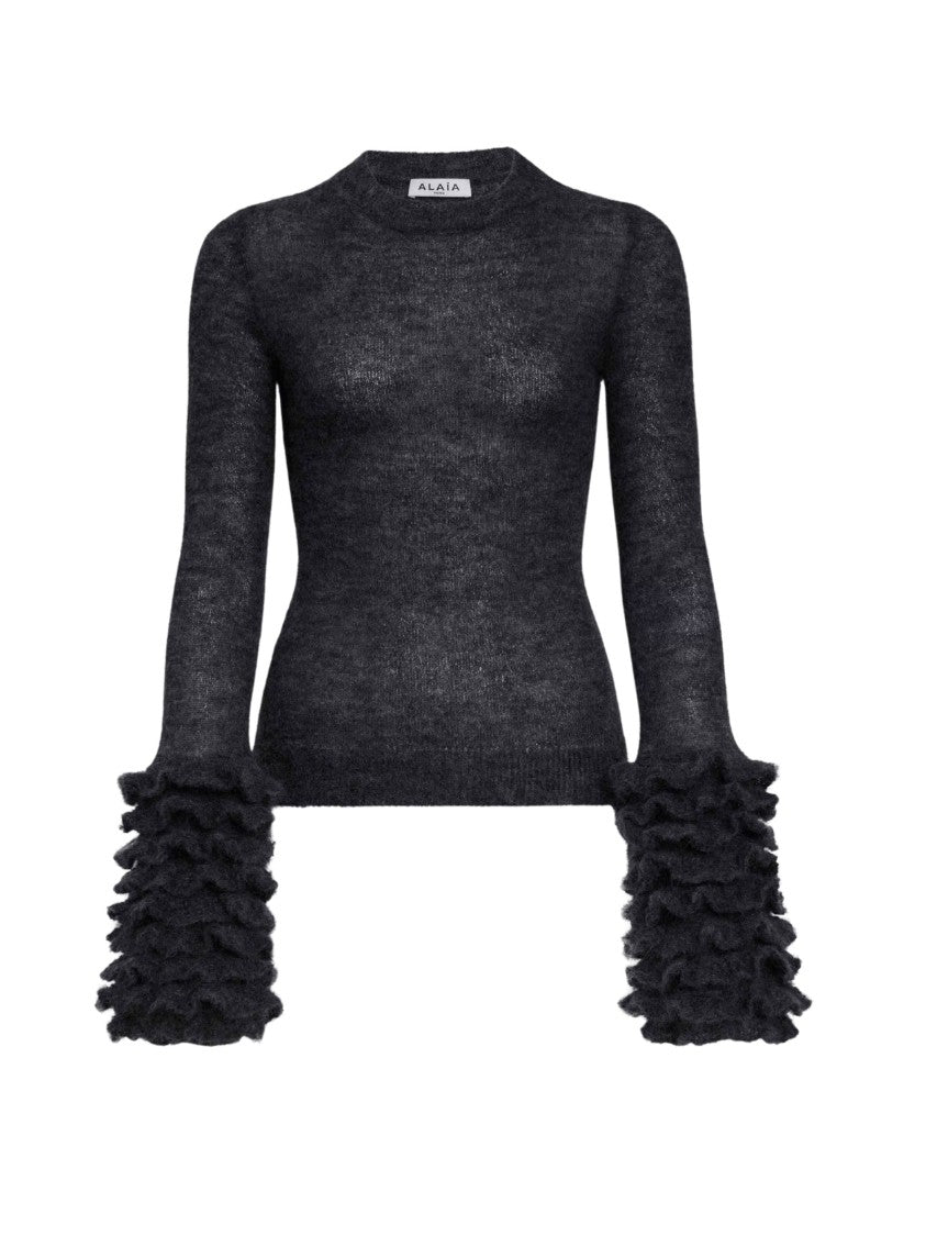 Alaïa Ruffled Cuff Dark Grey Mohair Blend Jumper