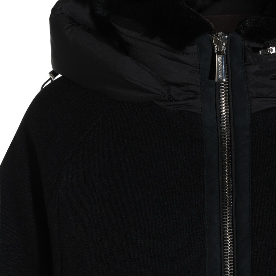 Moorer Boxy Black Coat With Padded Hood And Ribbed Knit Sleeves