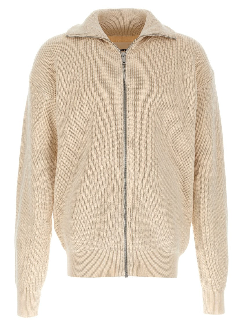 Jil Sander Ribbed High Neck Zip Closure Cotton Cardigan
