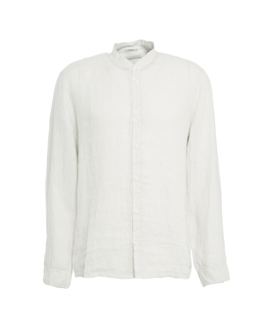Transit Mandarin Collar White Linen Shirt