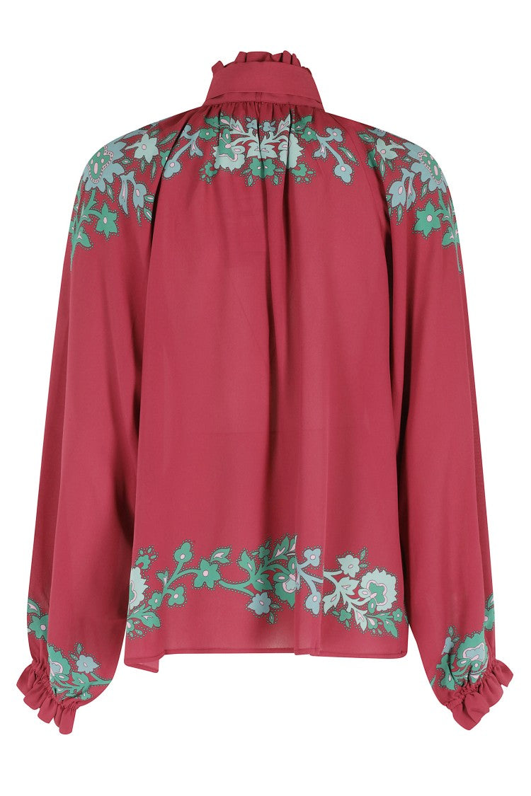 La Double J Burgundy Cerere High-Necked Ribbon-Draped Viscose Blouse