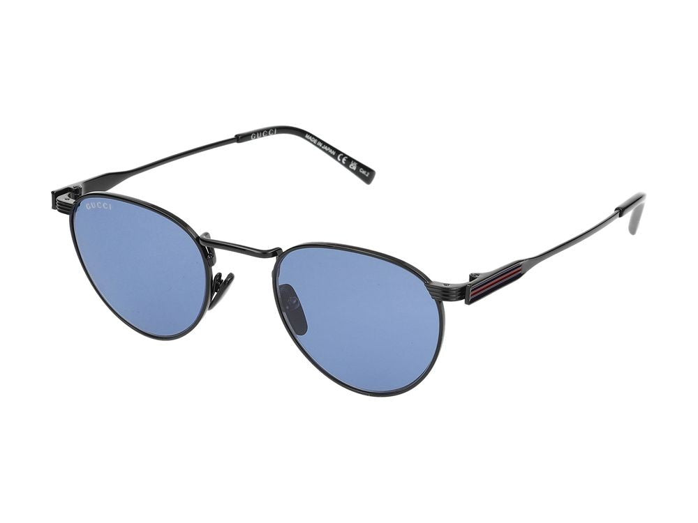 Gucci Black Striped Temples Round Metal Sunglasses
