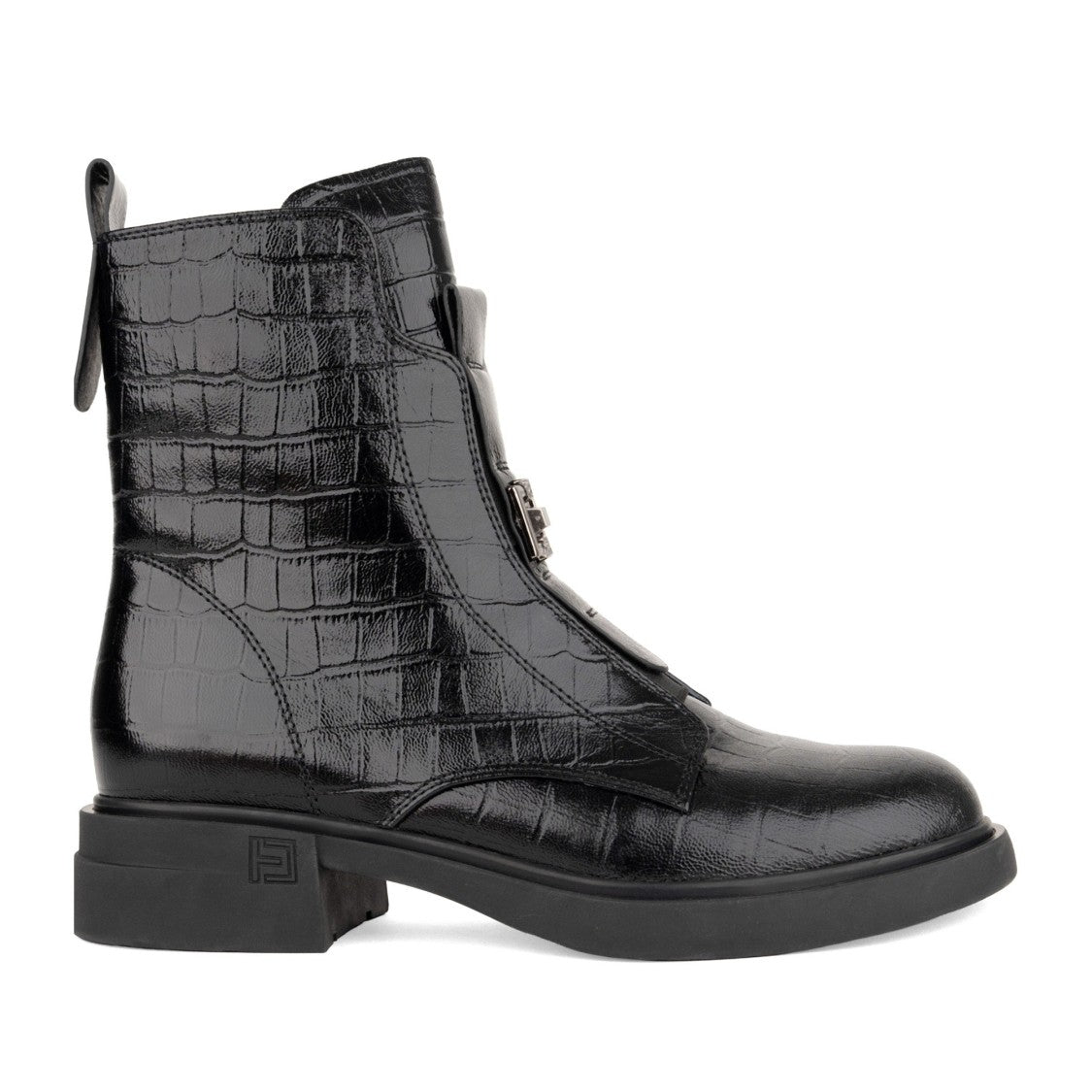 Linda Baumann Black Crocodile Texture Metallic Buckle Patent Leather Boots