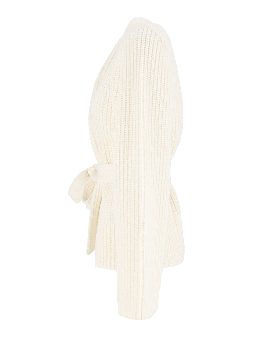 Allude Grey Ribbed Knit Wrap Belted Cardigan